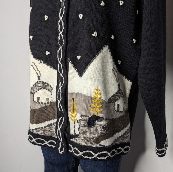 Vintage Joyce Black White Winter Mountain Home Button Up Cardigan Sweater L - Picture 2 of 9